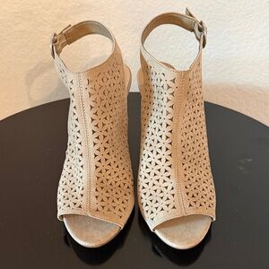 Madden Girl Beige Laser-Cut Peep Toe Block Heel Sandals